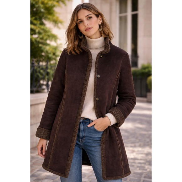 L.L. Bean Jackets & Blazers - L.L.Bean Chocolate Brown Faux Shearling Sherpa Coat Women's Small Long